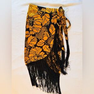 AZULU Floral Gold Satin & Black Fringe Wrap Midi Skirt